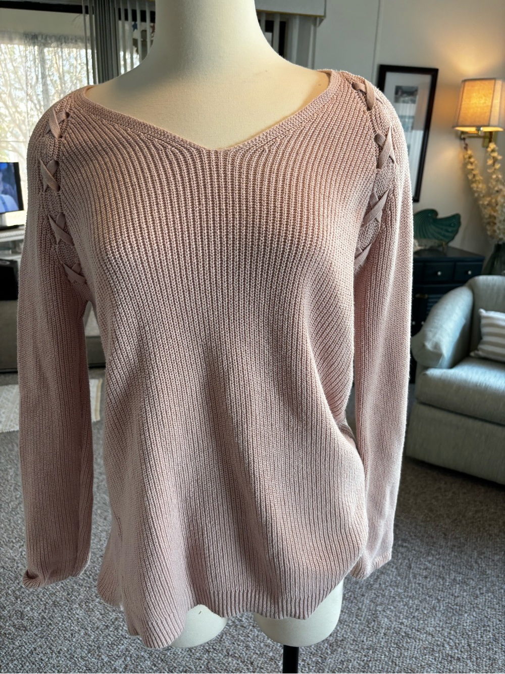 a.n.a Dusty Rose Scoop Neck Knit Sweater with Sleeve Lattice